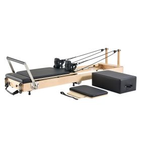 Foldable Pilates Reformer, Wooden Pilates Workout Machine for Home Gym Studio Use, Pilates Bed with Dual Resistance- Spring & Cord