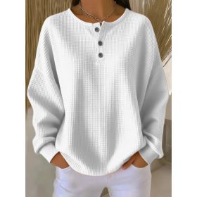 Round Neck Waffle Solid Color Pullover Loose Top (Option: White-S)