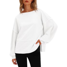 Fisoew Womens Casual Crewneck Sweatshirts Lantern Long Sleeve Side Slit Loose Sweatshirt Fall Crop Pullover Tops (Option: White-M)